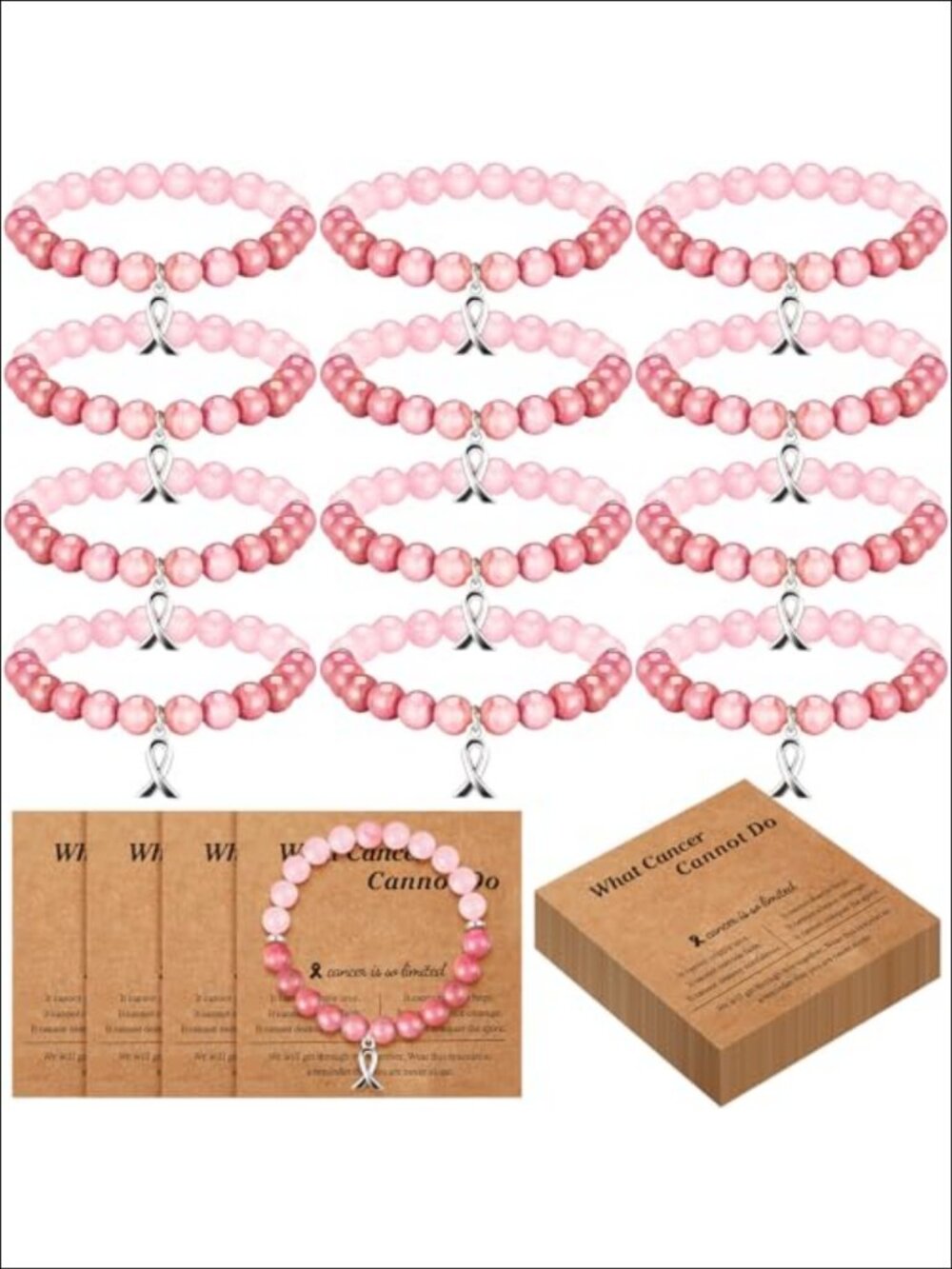Breast Cancer Awareness Bracelets 12 Pc Natural Stone Stretch Set